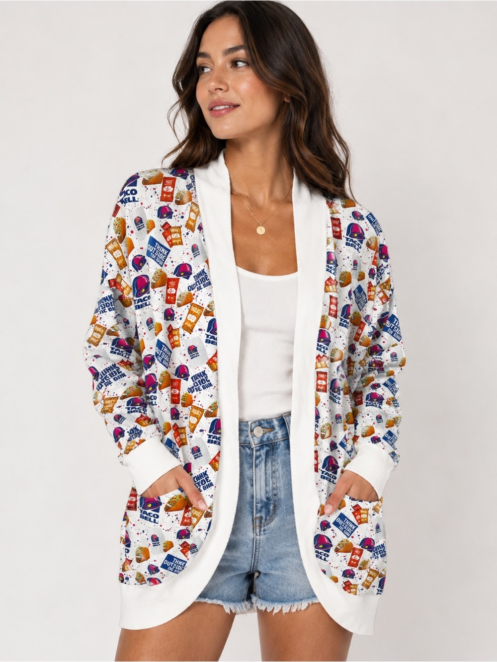TacoBell Printed White Open-Front‎ Women's Cardigan Sweater Small